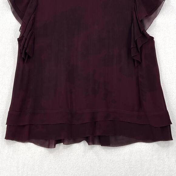 LOVESHACKFANCY Silk Blouse Top Womens Medium Burgundy Ruffle Pintuck Scoop Neck - Picture 10 of 16